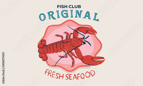 Lobster fish artwork for t shirt print, poster, sticker and other uses. Lobster platter vintage artwork. Lemon design. Stay salty. Seafood club.