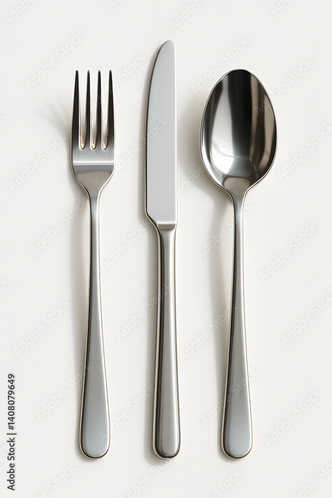 Fork, knife, and spoon arranged on a white surface Fork, knife, and spoon arranged on a white surface