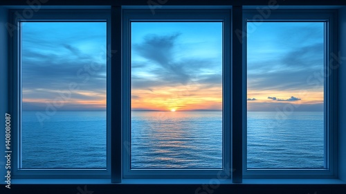 Sunset over the sea seen through a window