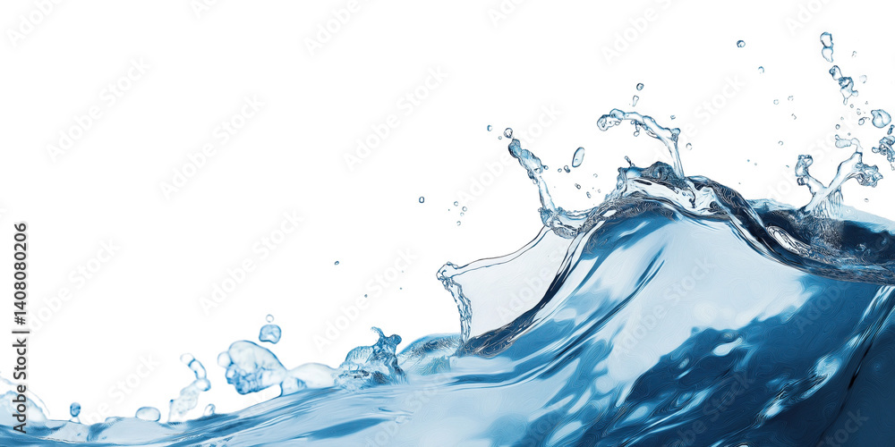 Obraz premium Water splashing dynamically against a white background in vivid blue hues