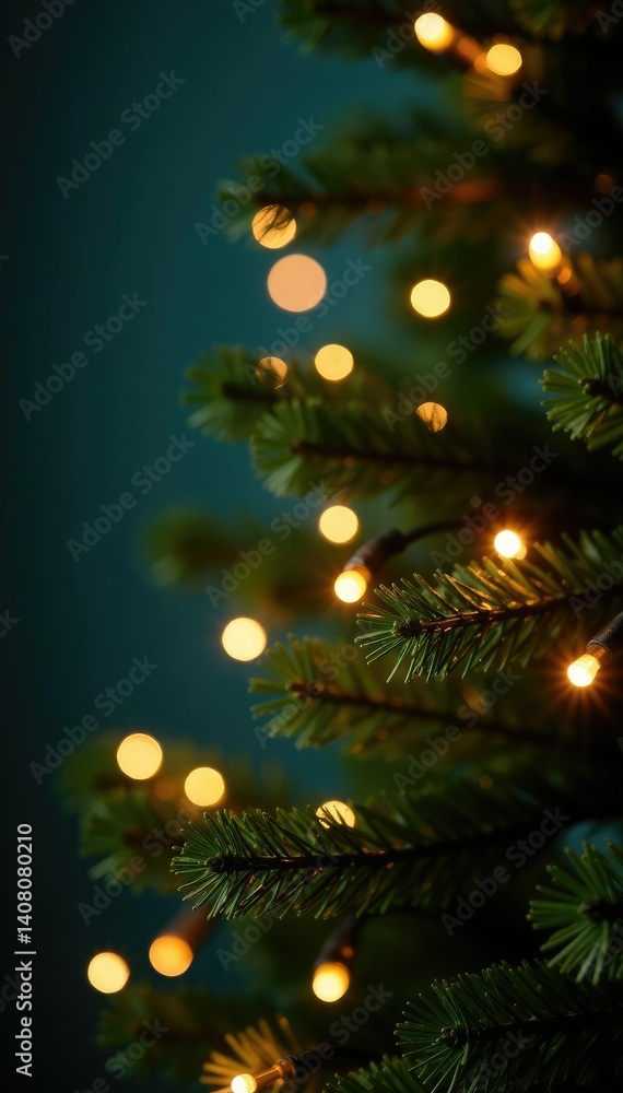 Twinkling fairy lights along green garland border, Tree Branches, Christmas, Decorations Twinkling fairy lights along green garland border, Tree Branches, Christmas, Decorations