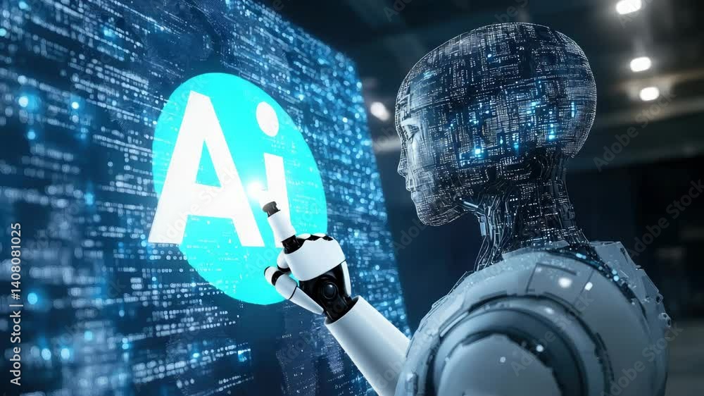 Futuristic humanoid robot analyzing artificial intelligence data on a ...