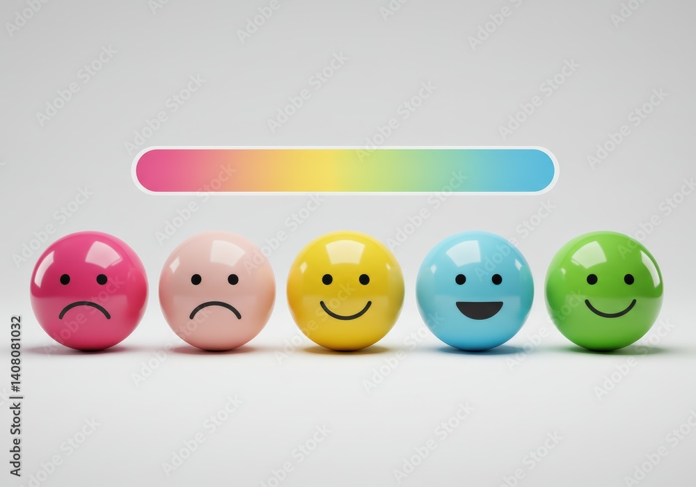 Five colorful spheres with facial expressions and a progress bar, representing customer satisfaction levels. Five colorful spheres with facial expressions and a progress bar, representing customer satisfaction levels.