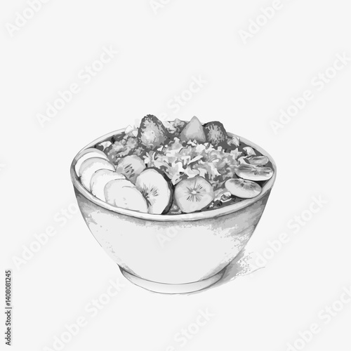 Healthy fruit and granola bowl illustrated in a black and white vector style