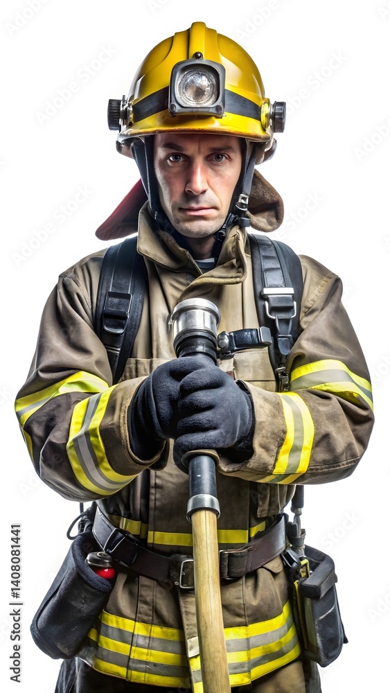 Firefighter in full gear holding a hose with determination on a white studio background portrait view Firefighter in full gear holding a hose with determination on a white studio background portrait view