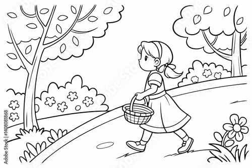 Coloring Pages, A Little Girl Walking, Uncolored, Black and White