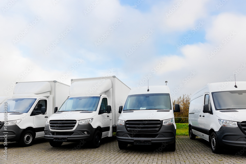 Naklejka premium Fleet new modern electric hybrid hydrogen or diesel white vans parked in line row outdoors. Cargo freight industrial courier transportation logistics service. Commercial vehicle maintenance insurance