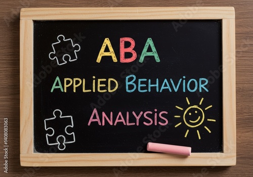 The chalkboard details applied behavior analysis with colorful lettering, a sun, and puzzle pieces.