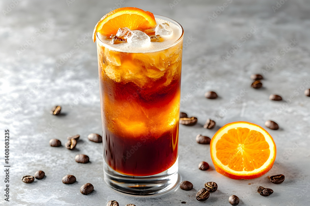 Refreshing iced coffee drink garnished with orange. Refreshing iced coffee drink garnished with orange.