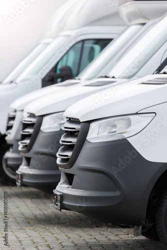 Fleet new modern electric hybrid hydrogen or diesel white vans parked in line row outdoors. Cargo freight industrial courier transportation logistics service. Commercial vehicle maintenance insurance