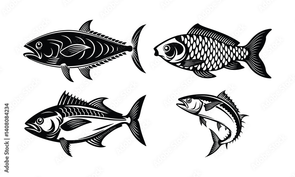 Fototapeta premium Blue vector illustration set of seafish, including tuna and salmon