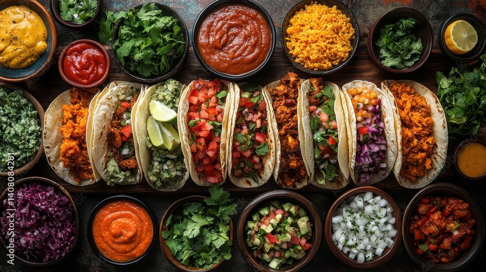 top down view of a table full of mexican tacos,lots of side dishes,sauces top down view of a table full of mexican tacos,lots of side dishes,sauces