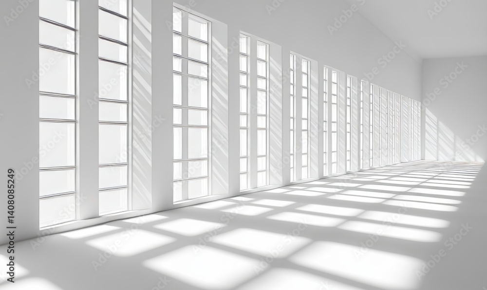 A pristine white room featuring the shadow of a window pane cast on both the wall and floor...Concept: Minimalistic, uncluttered, contemporary, interplay of light and shadow A pristine white room featuring the shadow of a window pane cast on both the wall and floor...Concept: Minimalistic, uncluttered, contemporary, interplay of light and shadow