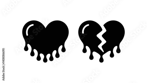 Heartbreak and Love: A symbol of raw, emotive expression in two contrasting heart illustrations: one whole and flowing with love, and the other shattered, embodying the pain of loss and despair.