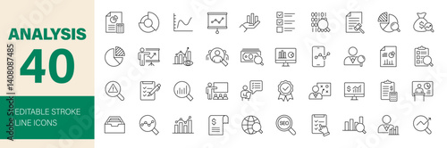Analysis icon set. Containing analytics, data, big data, financial, seo, research, examining, planning, balance, charts, report, graph and more. Editable line icons. Vector illustration.