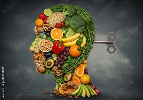 Wallpaper Mural Surreal illustration of a human head filled with fruits, nuts, and vegetables for brain health. Torontodigital.ca