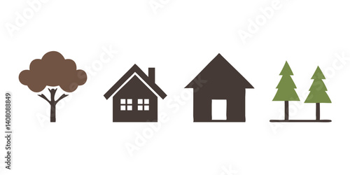 Brown house and tree icons in flat modern style
