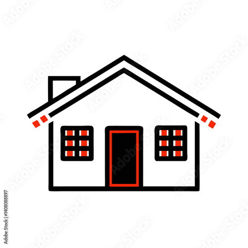 Traditional house icon with windows and red details
