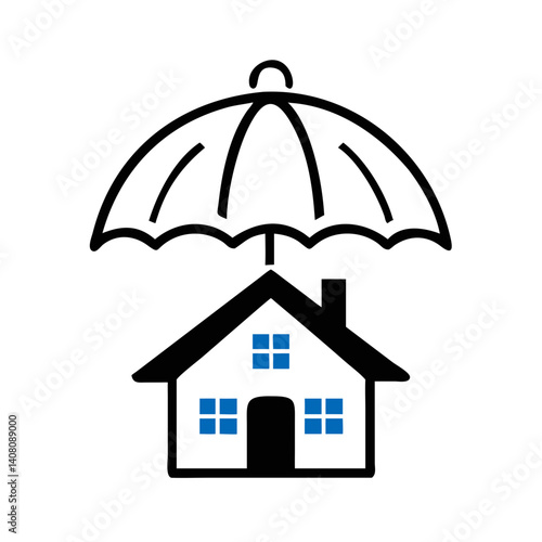 Blue house icon under black umbrella showing home insurance
