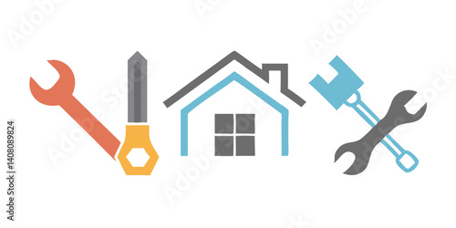 Home with repair tools icon in blue and orange