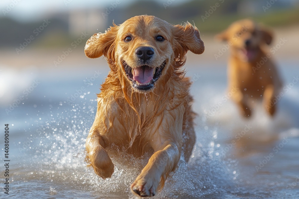 joyful golden retriever running splash water beach ocean summer fun joyful golden retriever running splash water beach ocean summer fun