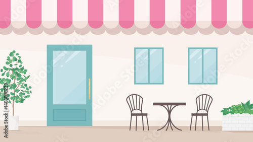 カフェの入り口の背景イラスト_ピンク_16:9