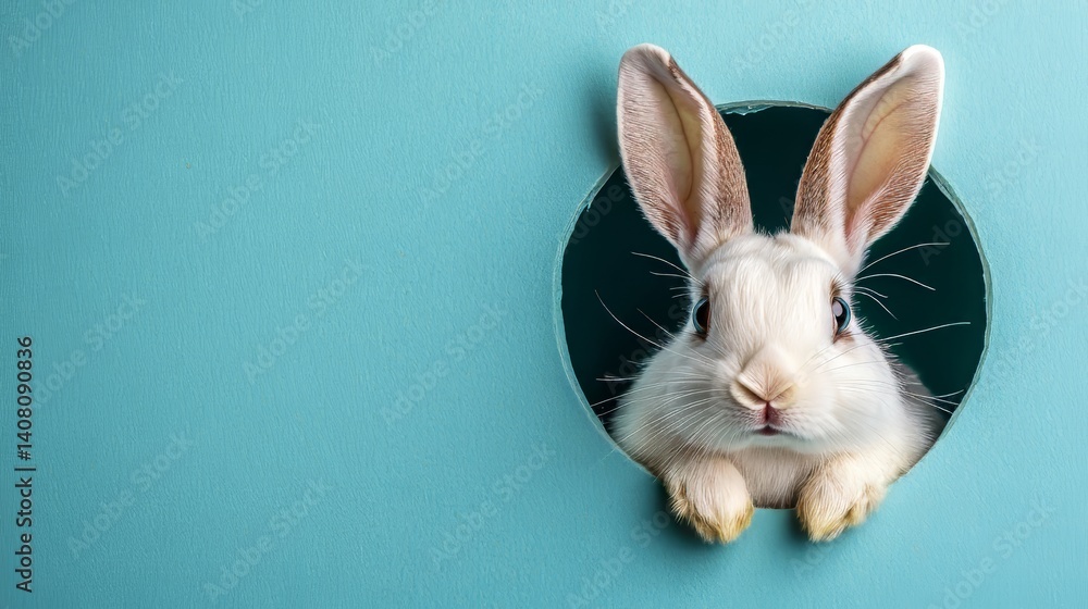 Obraz premium A curious white bunny peeks through a tattered light blue backdrop, creating a playful springtime surprise with gentle lighting and a textured paper effect