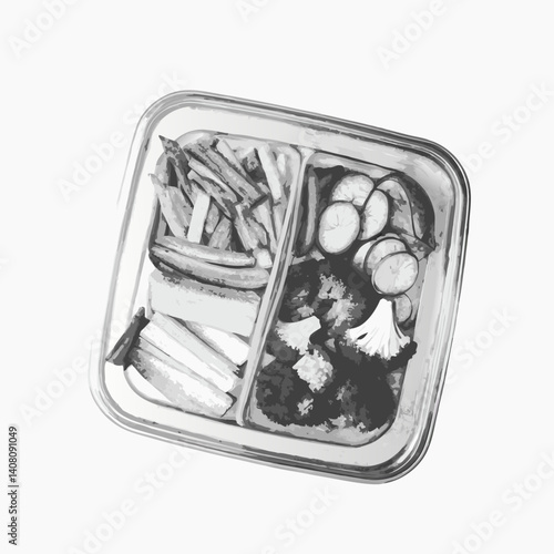 Meal prep container with vegetables drawing, minimalist style, monochrome colors, food storage illustration concept