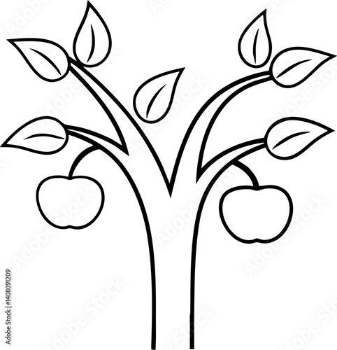 Tree with apples and leaves, drawn in a simple style.