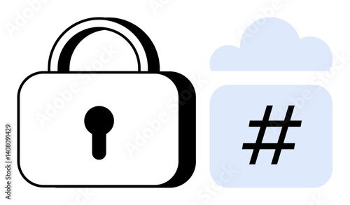 Padlock beside cloud containing hash symbol, symbolizing data security and cloud encryption. Ideal for cybersecurity, cloud storage, data protection, secure access, encryption, technology, simple