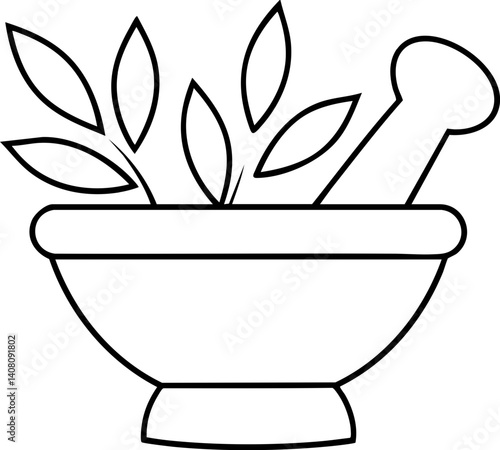 Mortar and pestle with leaves, symbolizing herbal medicine.