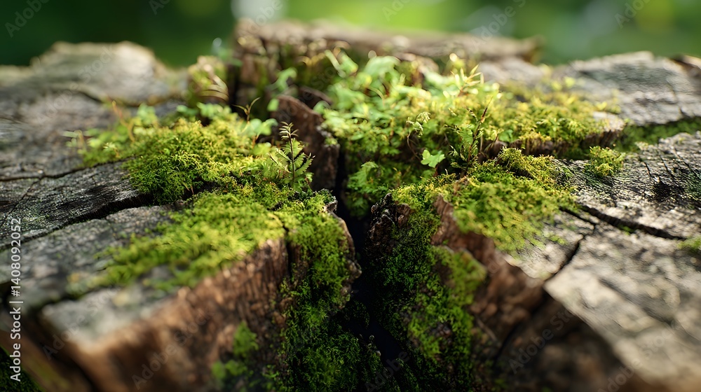 Vibrant Moss Growth on Cracked Tree Trunk Surrounded by Nature's Healing and Renewal Vibrant Moss Growth on Cracked Tree Trunk Surrounded by Nature's Healing and Renewal