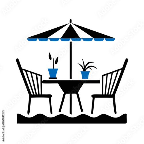 Outdoor patio furniture with umbrella and potted plants