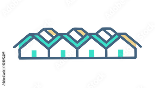 Green and blue townhouses with overlapping rooftops in flat style