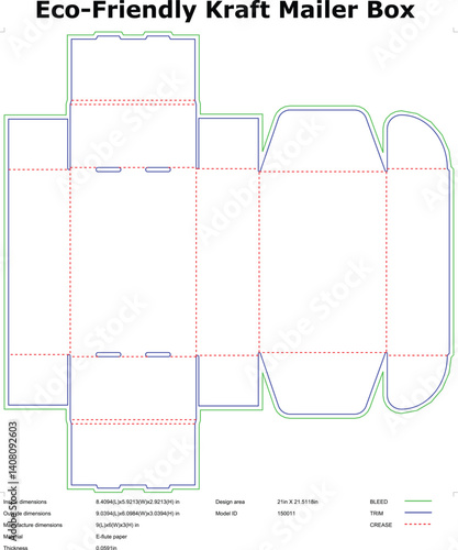Ecofriendly Kraft Mailer Box Die Cut Template Design For Packaging And Product Shipping With Dimensions Bleed Trim And Crease Lines Indicated