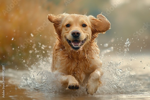 Wallpaper Mural happy golden retriever dog running in water splashing in summer lake outdoors Torontodigital.ca