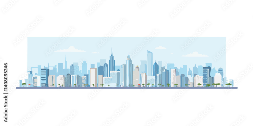 Naklejka premium Blue city skyline with modern buildings in flat style