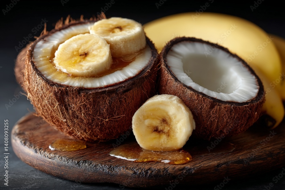 Unique dessert featuring bananas and coconut with syrup on wooden board Unique dessert featuring bananas and coconut with syrup on wooden board