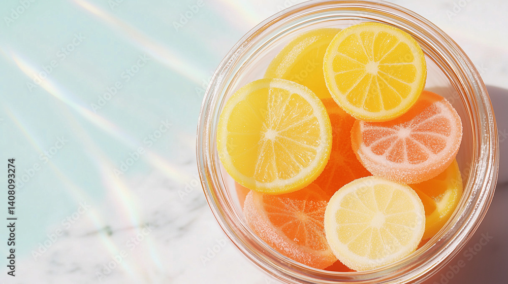 Fresh candied citrus slices in a bowl against a bright background Fresh candied citrus slices in a bowl against a bright background