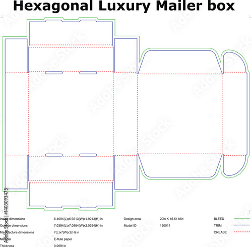 Hexagonal Luxury Mailer Box Die Cut Template For Packaging Design Eflute Paperboard Blueprint With Dimensions Bleed Trim And Crease Lines