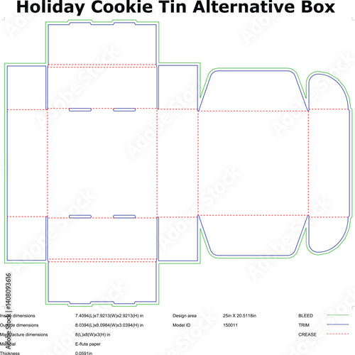 Alternative Holiday Cookie Tin Box Blueprint For Packaging Design Technical Drawing With Dimensions And Bleed Trim And Crease Lines