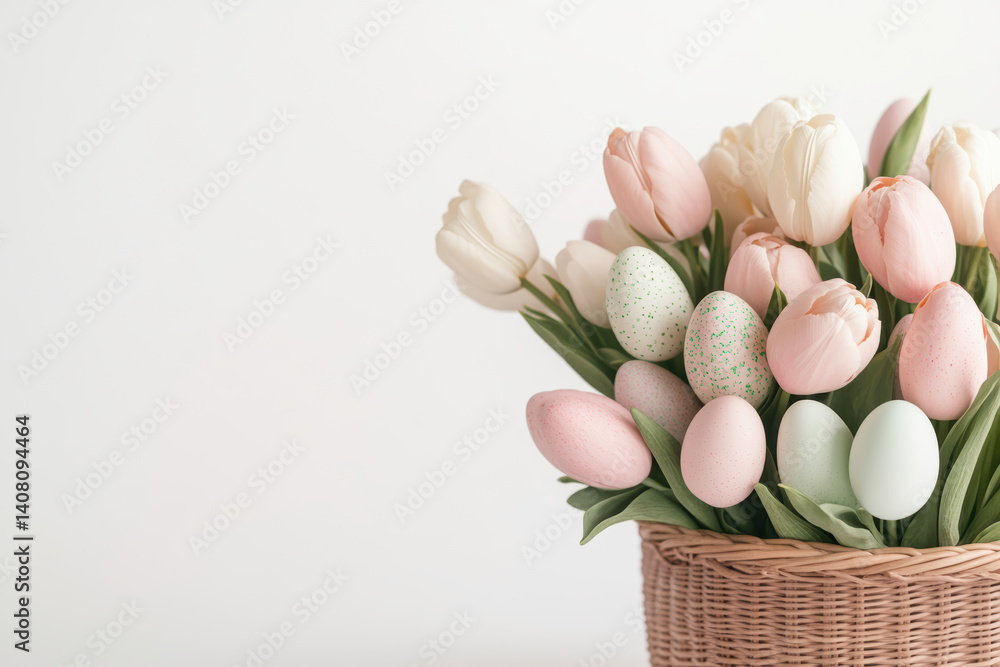 Obraz premium Pastel tulips and decorative eggs in woven basket creating elegant springtime arrangement