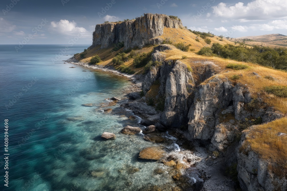 Coastline view of rocky cliffs and clear waters under a partly cloudy sky during early afternoon Coastline view of rocky cliffs and clear waters under a partly cloudy sky during early afternoon