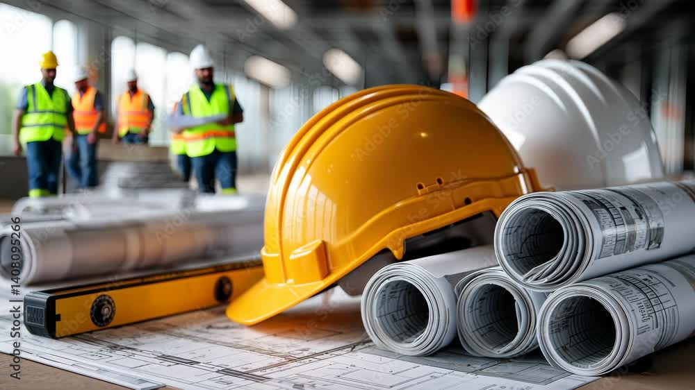 An overview of the construction site displays workers diligently ...