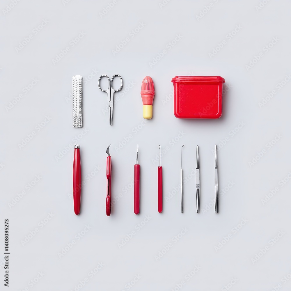 Top-down view of realistic medical tools including forceps, clamps, and scalpels, scientific setup Top-down view of realistic medical tools including forceps, clamps, and scalpels, scientific setup