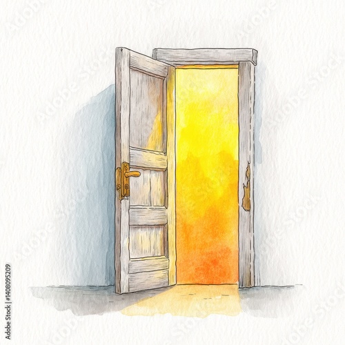 Watercolor of Open Old White Door Emitting Yellow and Orange Light on White Wall