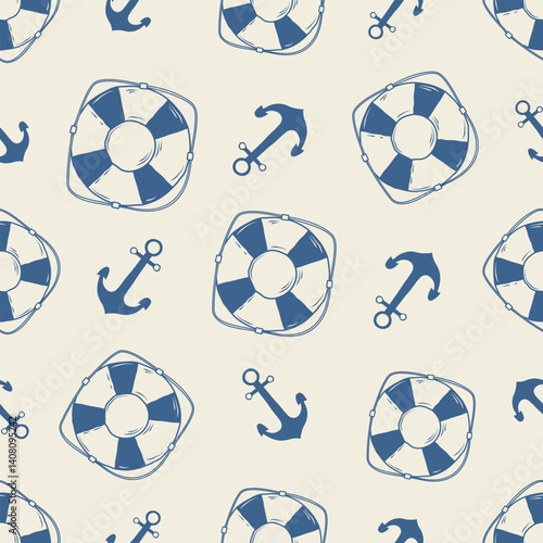 Seamless marine pattern with hand-drawn lifebuoy and anchor. Designed for wrapping paper, packaging, fabric, and textiles. Monochrome blue ink. Vector illustration.