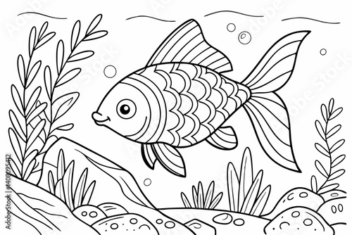 Coloring Pages, An ornamental fish in the sea, colorless, black and white