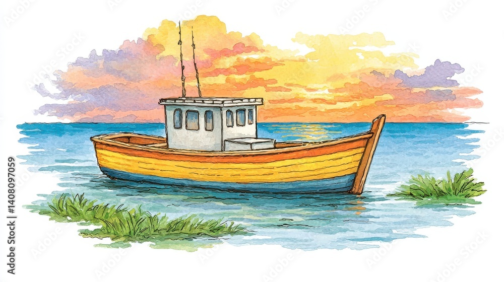 Fototapeta premium Watercolor Painting of Small Yellow Fishing Boat at Sunset