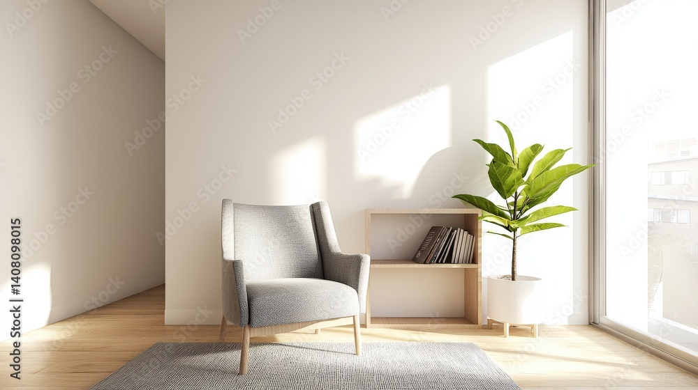 Cozy Modern Chair in Bright Minimalist Living Room with Green Plant